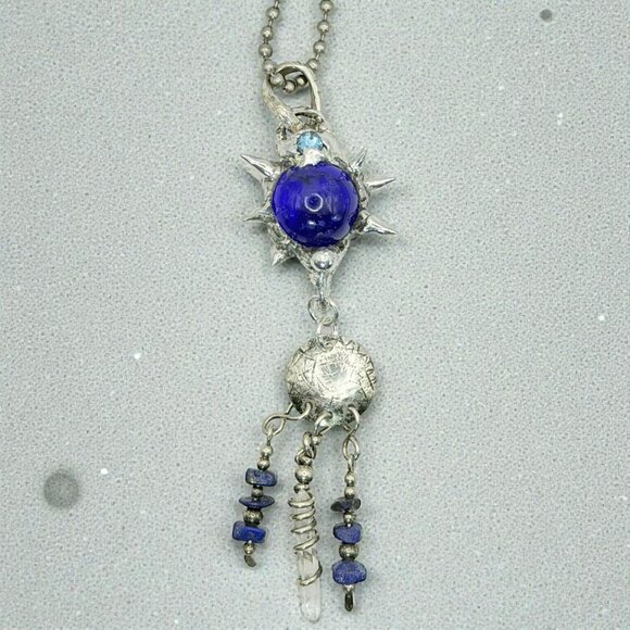 Artisan-Crafted Flail Pendant W/ Vintage Cobalt Glass Marble Quartz Lapis Lazuli - Picture 6 of 15